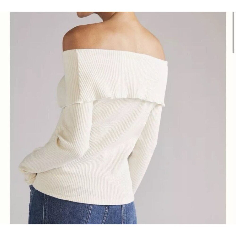 New Anthropologie Collared Off The Shoulder Ribbed Top Medium Ivory - Picture 2 of 9